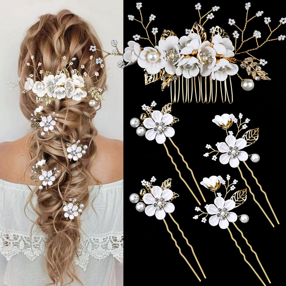 LAPOHI front view of five-piece white floral bridal hair pins set showing design and finish, elegant addition