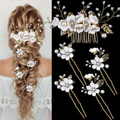 LAPOHI front view of five-piece white floral bridal hair pins set showing design and finish, elegant addition