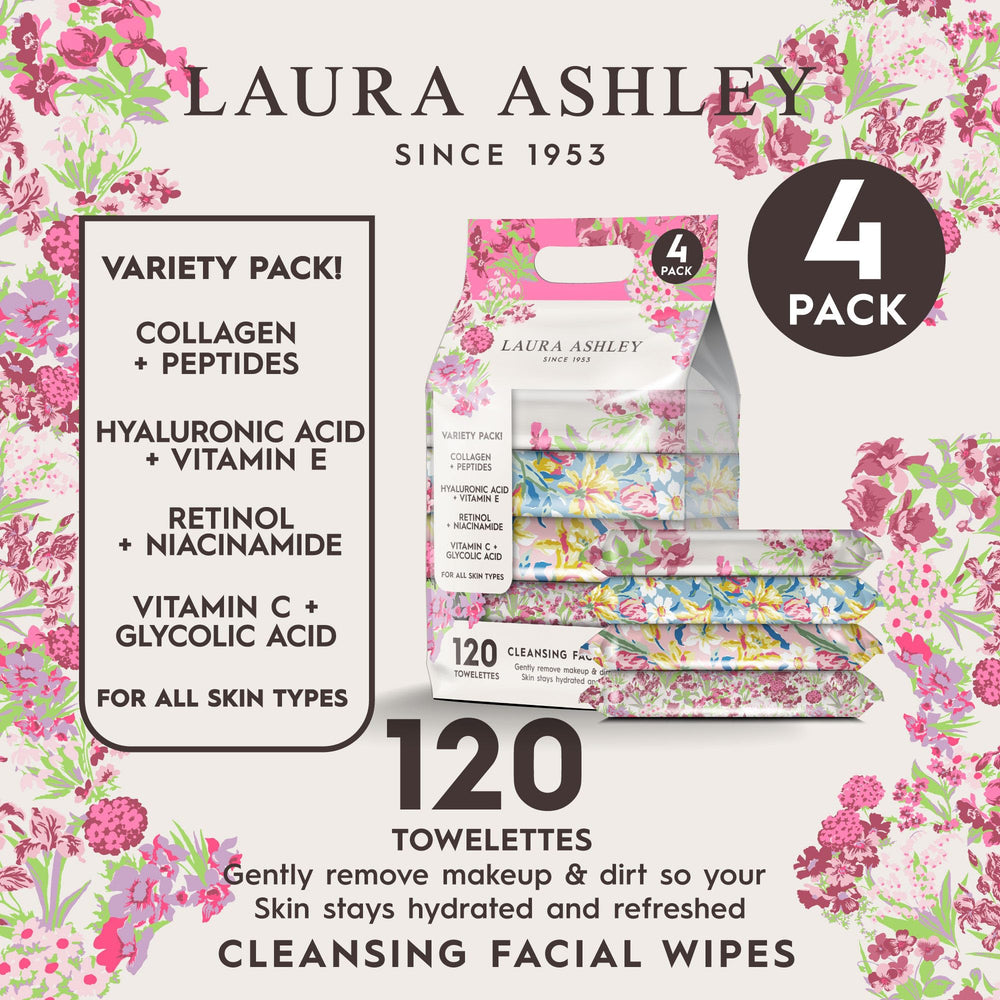 Laura Ashley four packs lined up to show variety and 120 wipes total