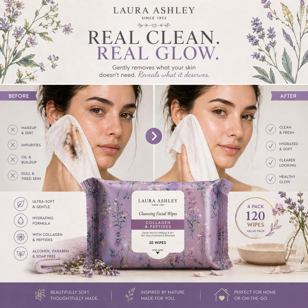 Laura Ashley wipe removing makeup showing effective cleansing action