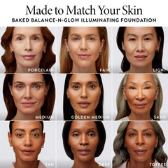 LAURA GELLER brush applying powder on model showing natural coverage benefit