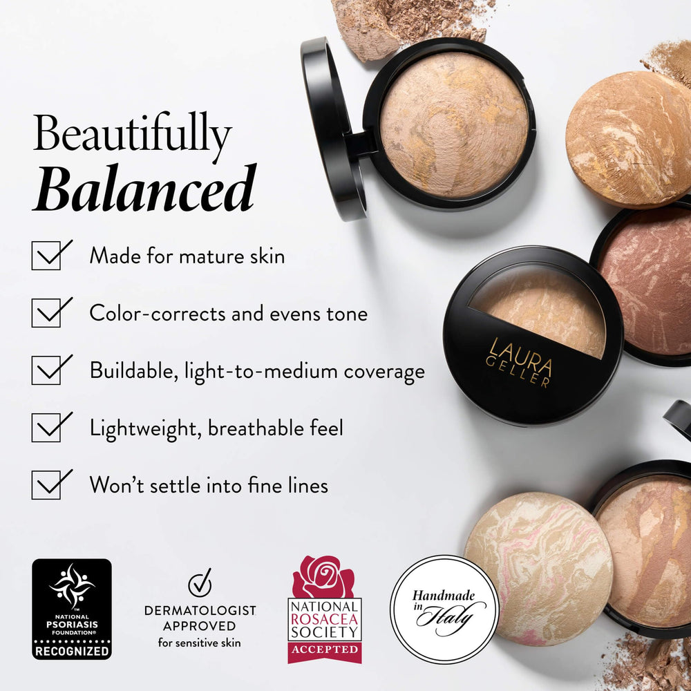 LAURA GELLER compact open with brush illustrating ready-to-use convenience