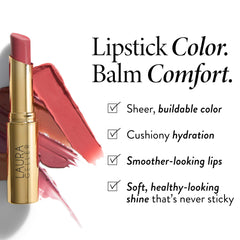 LAURA GELLER open twist-up balm bullet revealing cushiony tip for smooth application