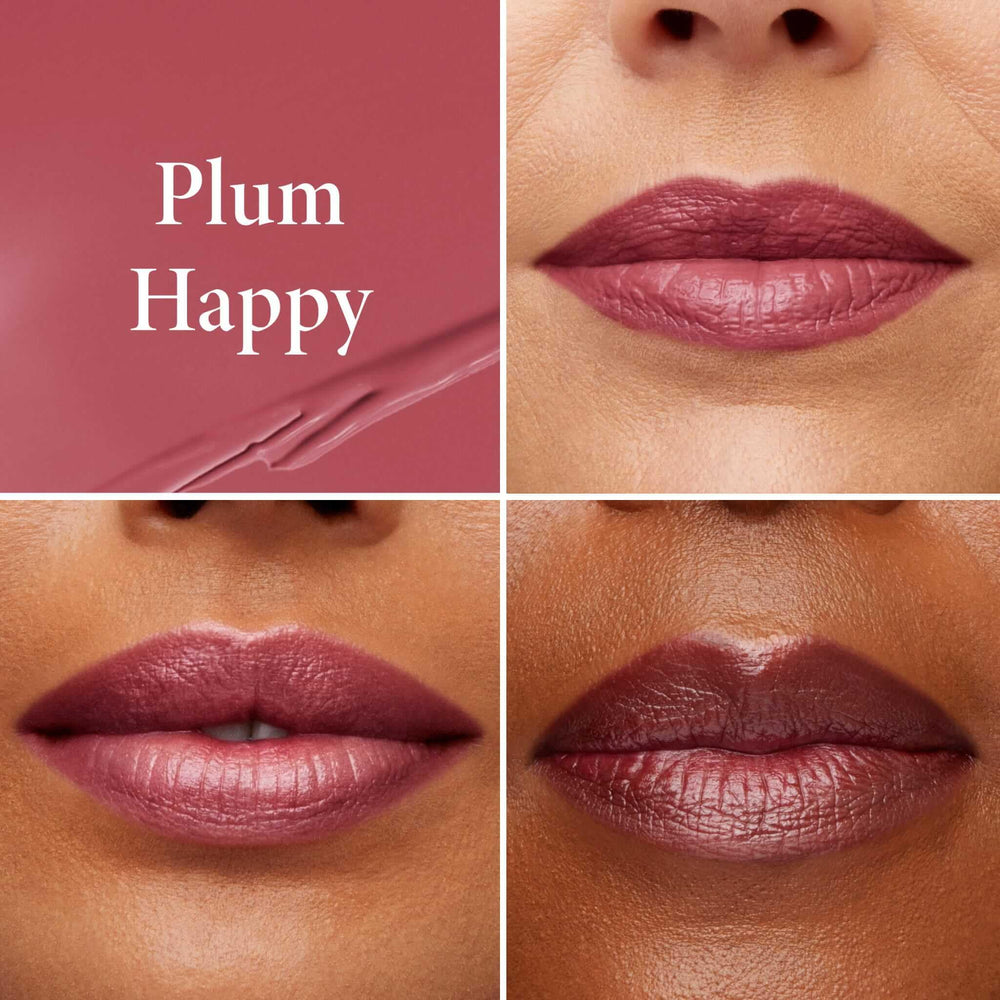 LAURA GELLER NEW YORK swiped color on lips illustrating buildable plum intensity benefit