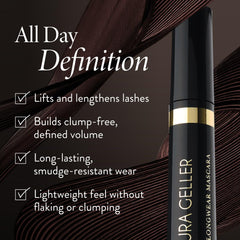 LAURA GELLER NEW YORK brown mascara wand detail highlighting smooth, buildable formula