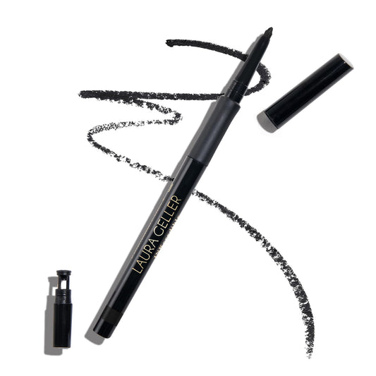 LAURA GELLER NEW YORK front packaging showing sleek pencil and cap benefit: travel-friendly