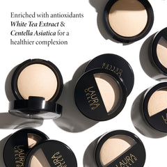 LAURA GELLER NEW YORK powder swatch on hand showing smooth blendability and glow