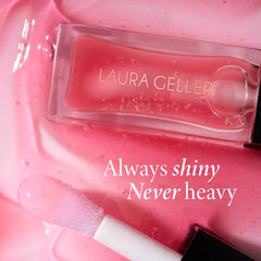 LAURA GELLER NEW YORK lip swatch lifestyle showing warm rose glossy finish