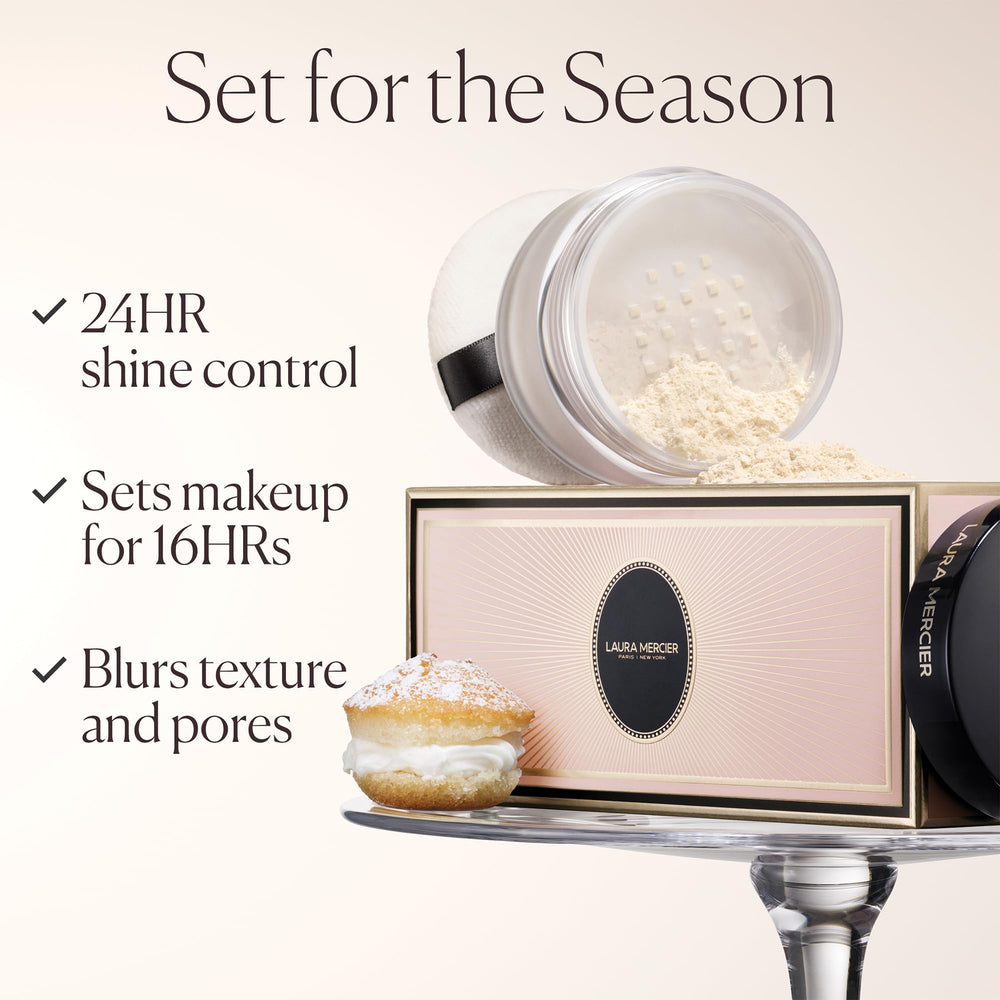Laura Mercier application with puff on T-zone demonstrating shine control benefit