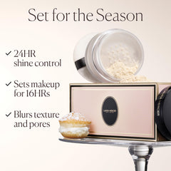 Laura Mercier application with puff on T-zone demonstrating shine control benefit