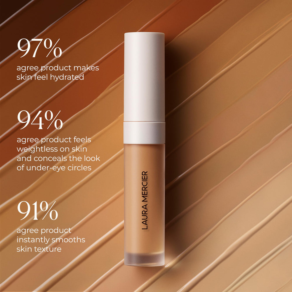 Laura Mercier cap and label close-up showing ingredient-forward formula benefit