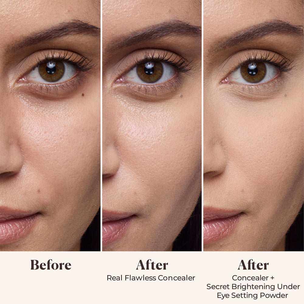 Laura Mercier open pan close-up showing silky peach-pink texture and fine milling benefit