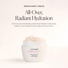 Close-up of Laura Mercier cream texture revealing silky serum-infused finish for fast absorption