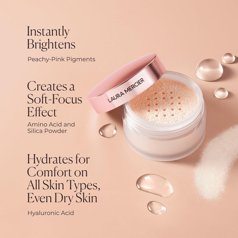 Laura Mercier powder with foundation flatlay showing longer-wear benefit