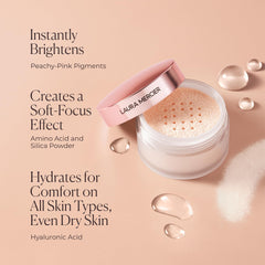 Laura Mercier powder with foundation flatlay showing longer-wear benefit
