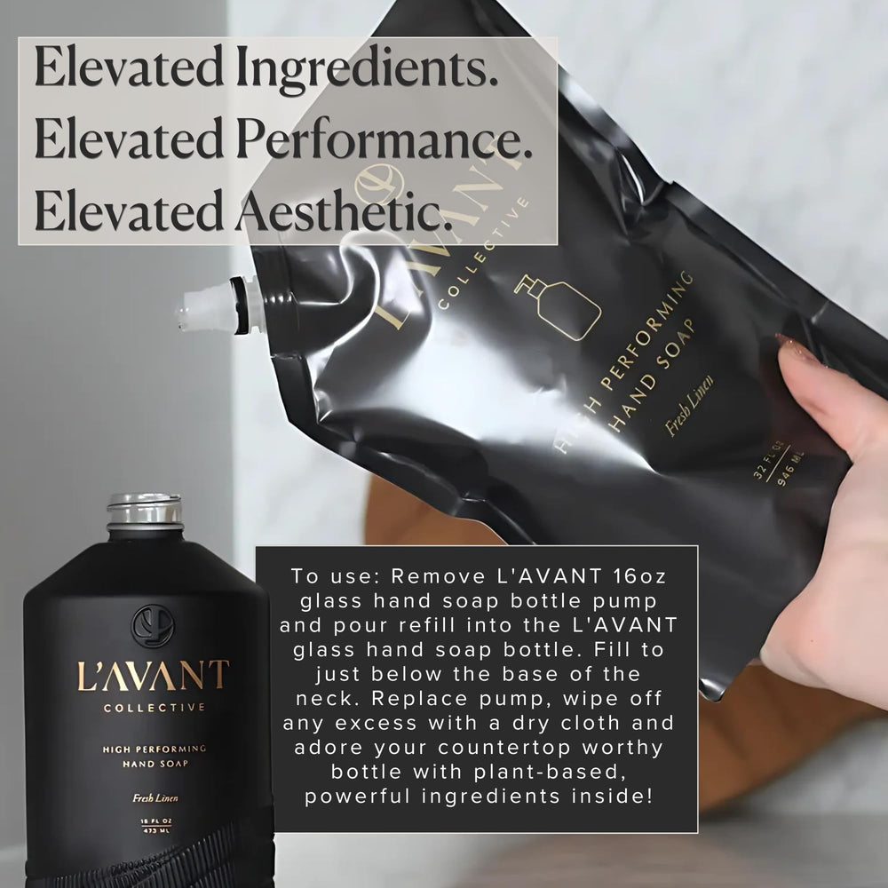 L'AVANT Collective bottle and lotion staged at sink showing cohesive home scent benefit