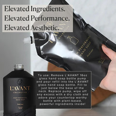 L'AVANT Collective bottle and lotion staged at sink showing cohesive home scent benefit