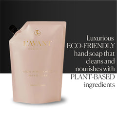 L'AVANT pouch pouring into glass bottle illustrating easy refill