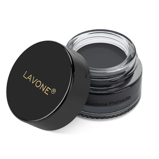 LAVONE eyebrow pomade front pot showing label and black shade benefit long wear