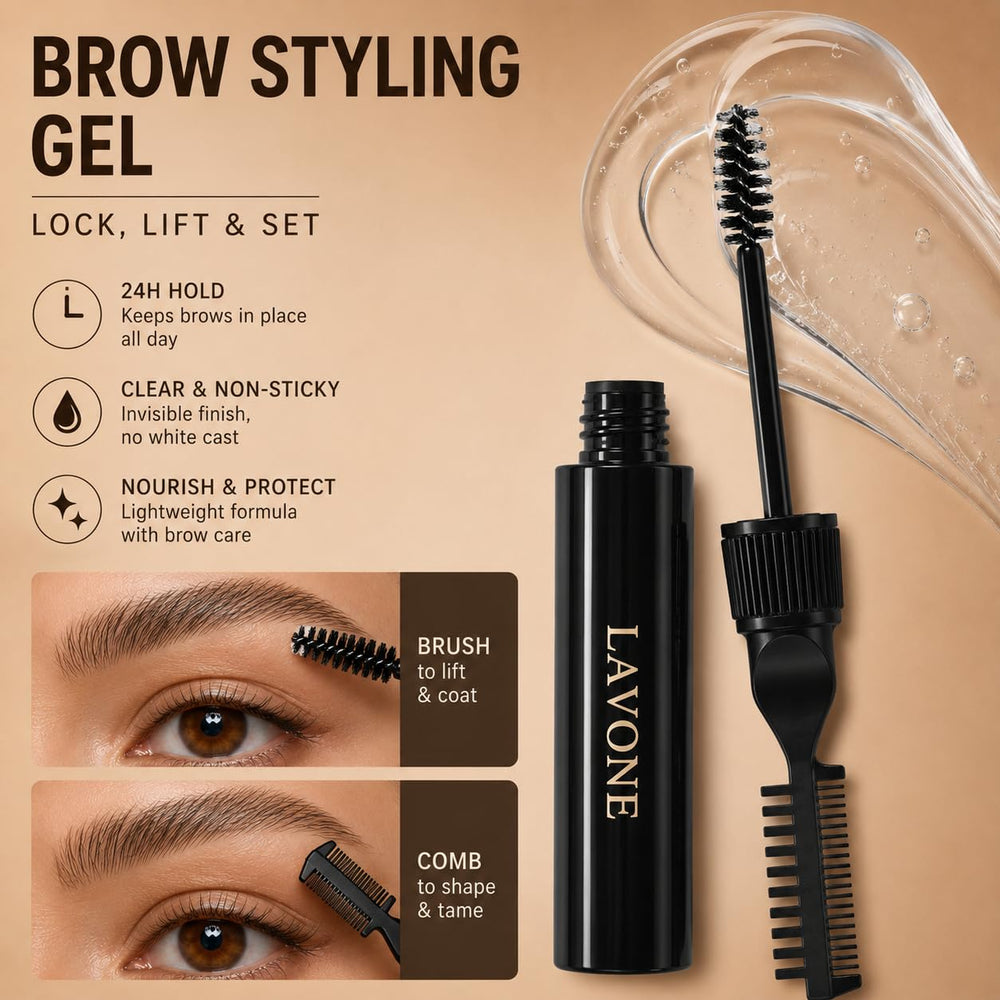 LAVONE dual-ended brow brush with spoolie and angled tip for blending and shaping