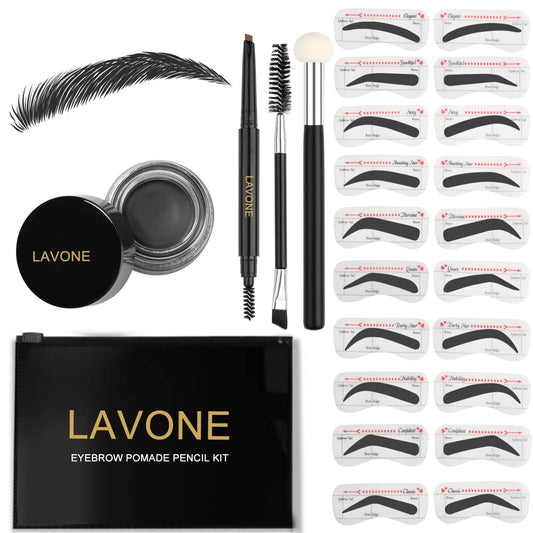 LAVONE front packaging showing complete eyebrow kit and pouch for easy travel
