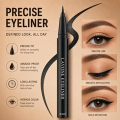 LAVONE kit components flatlay showing pen, wax, eyeliner, and brush for quick styling