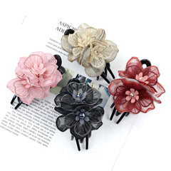 Lawie four colored flower clips laid flat displaying champagne pink wine red black matching outfits
