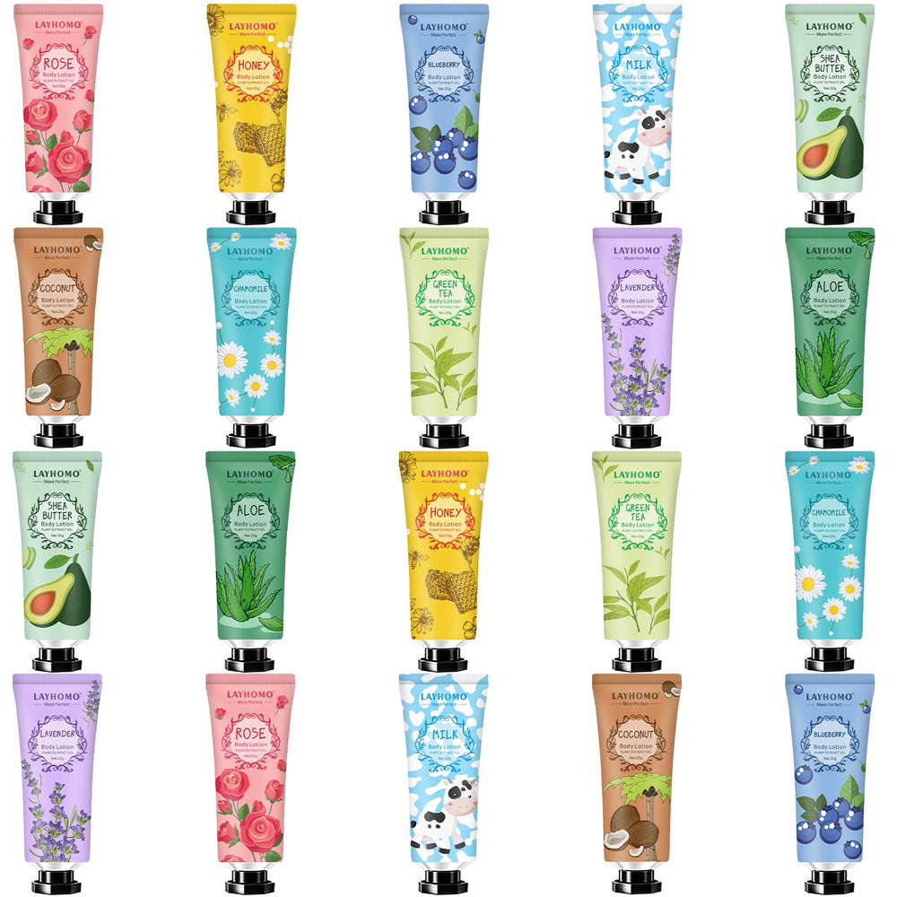 Layhomo front packaging showing 20 mini lotion tubes and variety benefit