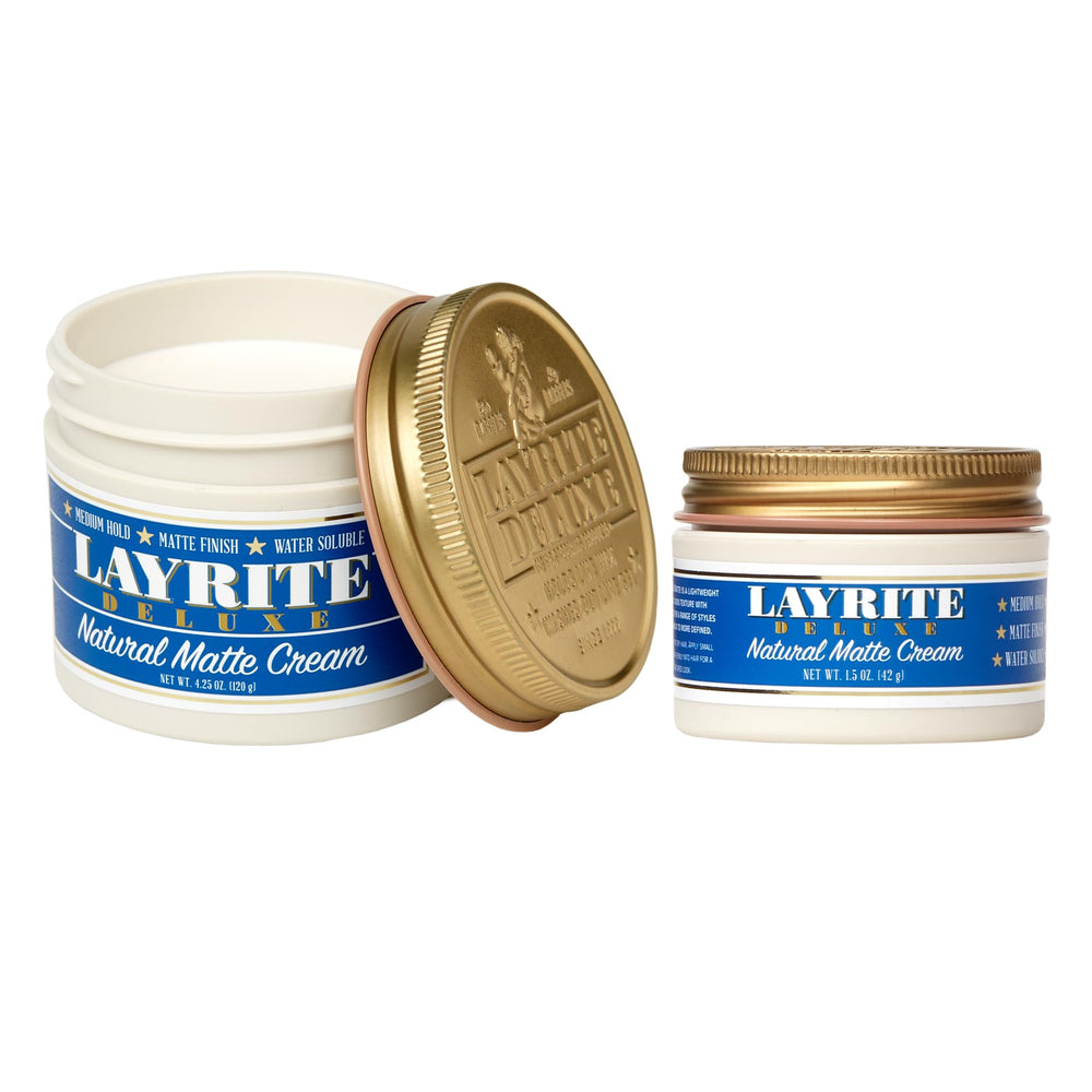 Layrite Deluxe Natural Matte Cream front jar showing label and matte finish benefit