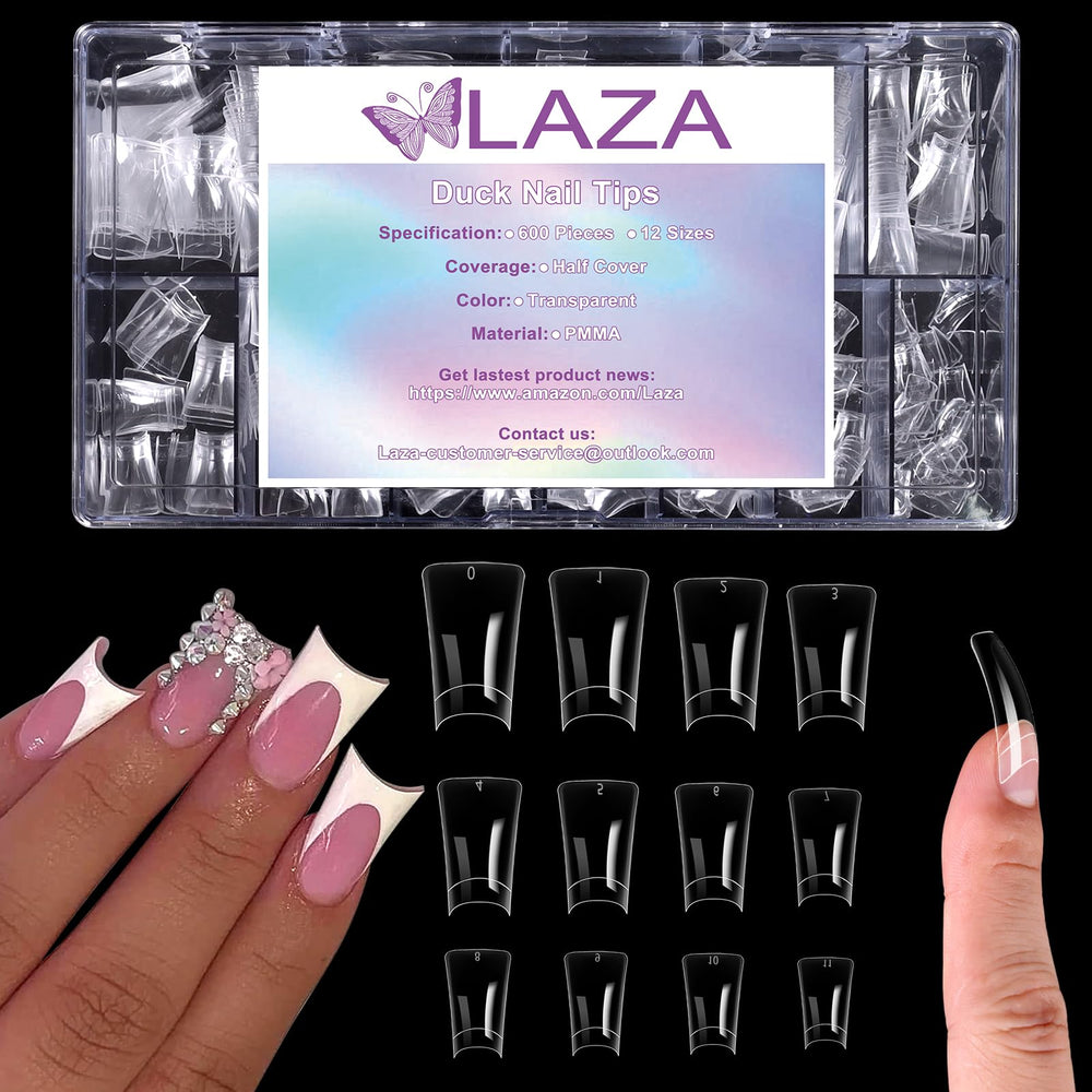 Laza boxed 600pcs clear duck tips showing organized storage and quick selection