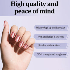 Laza hands applying a press-on nail showing easy three-step application benefit