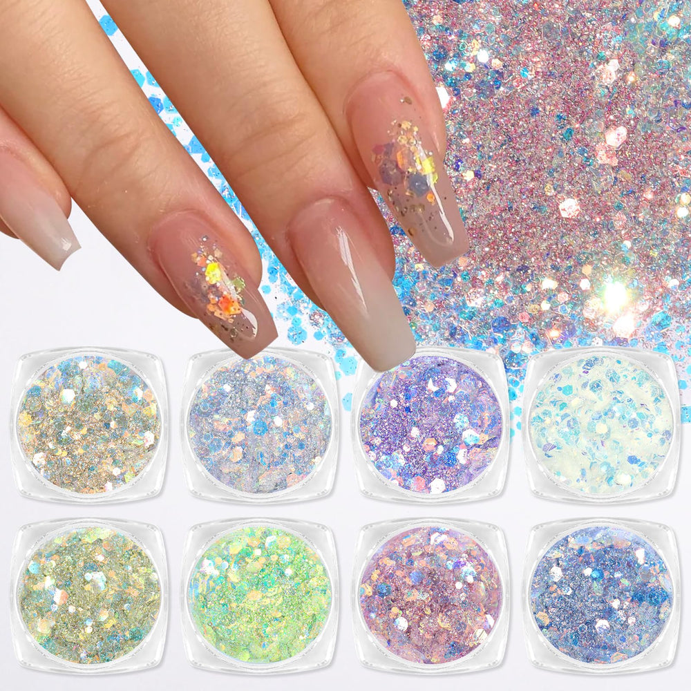 Laza front view showing eight sealed glitter jars and color variety benefit