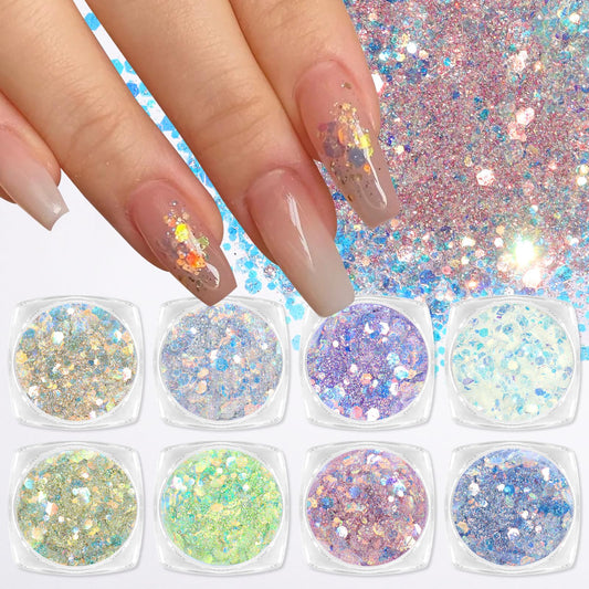 Laza front view showing eight sealed glitter jars and color variety benefit
