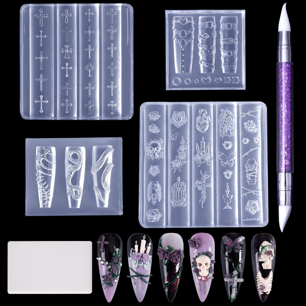 Laza front packaging showing four gothic silicone nail molds and tools for easy crafting