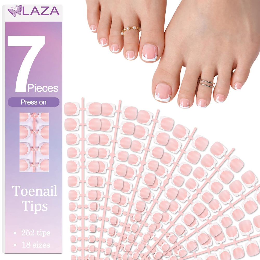 Laza front packaging showing 252-piece toe nail tip set and organized box benefits fast selection