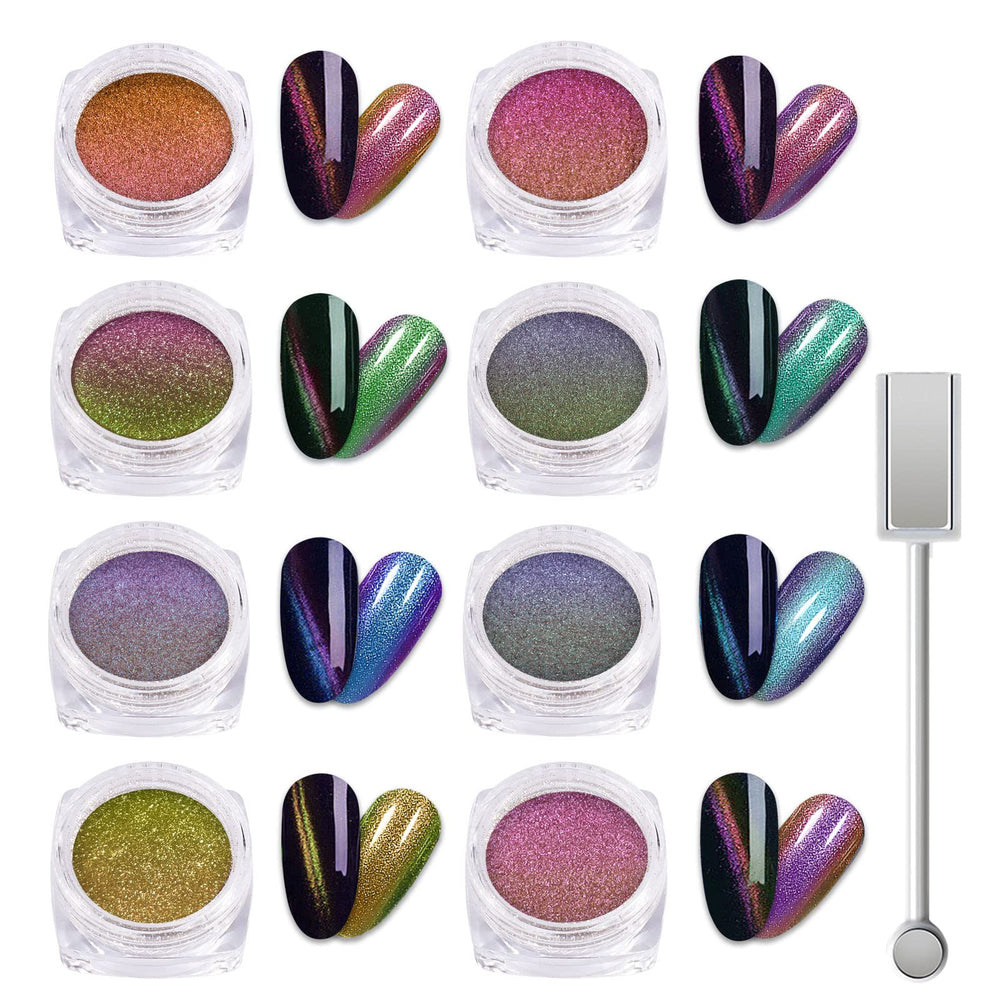 Laza front packaging showing eight chameleon powder jars and magnetic stick benefit: colorful options