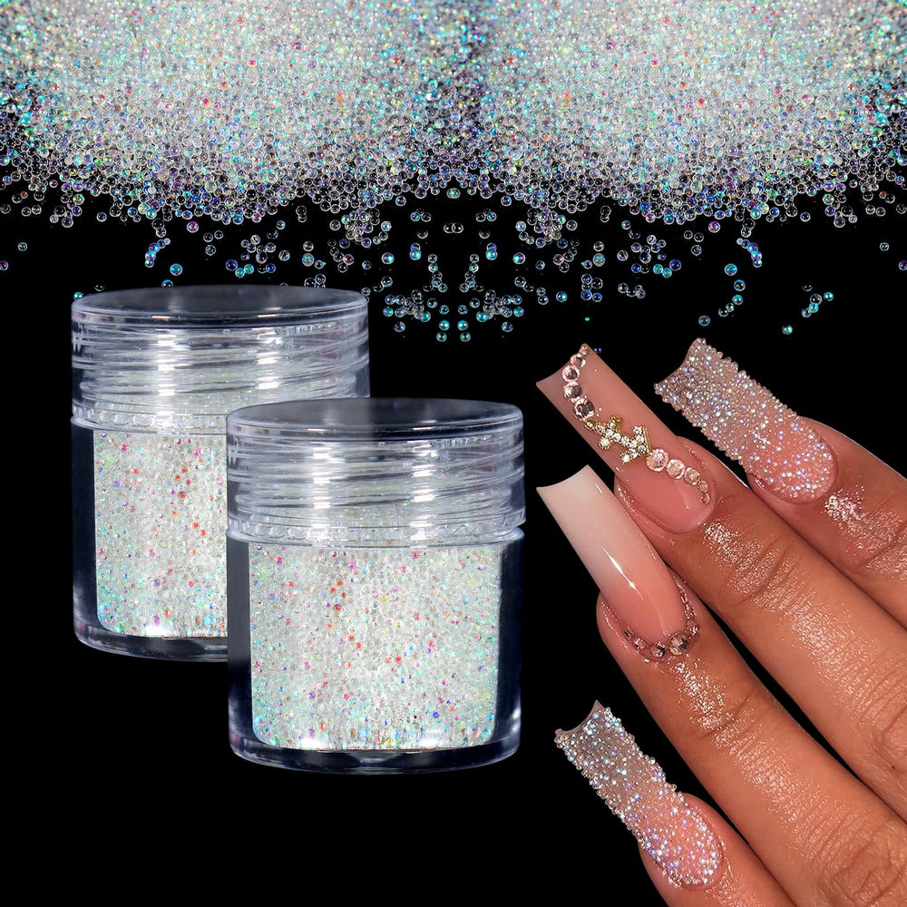 Laza front view showing two jars of iridescent nail beads for versatile sparkle