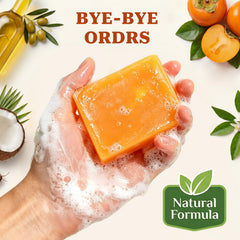 Lazibudgha persimmon soap beside ruler to show full-size bar and lasting value