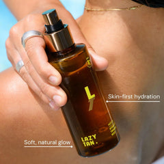 Lazy Tan in a beach bag lifestyle scene showing confidence and ready-to-go glow