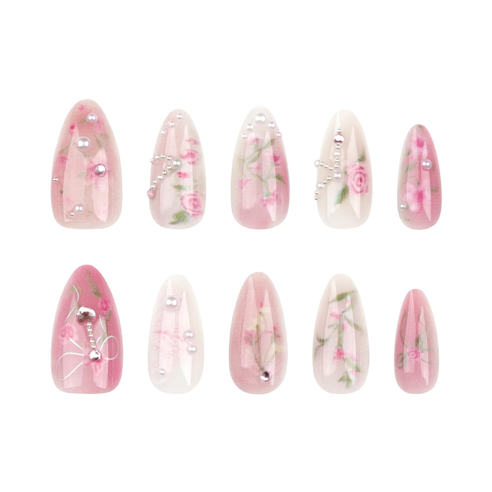 LBPEPAMZ worn on model hand showing glossy pink gradient and flowers for a dressed-up look