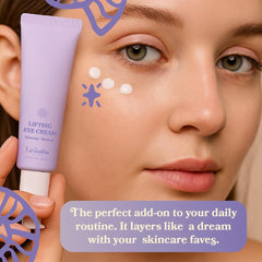 LE GUSHE eye cream on vanity in bathroom conveying daily skincare routine benefit