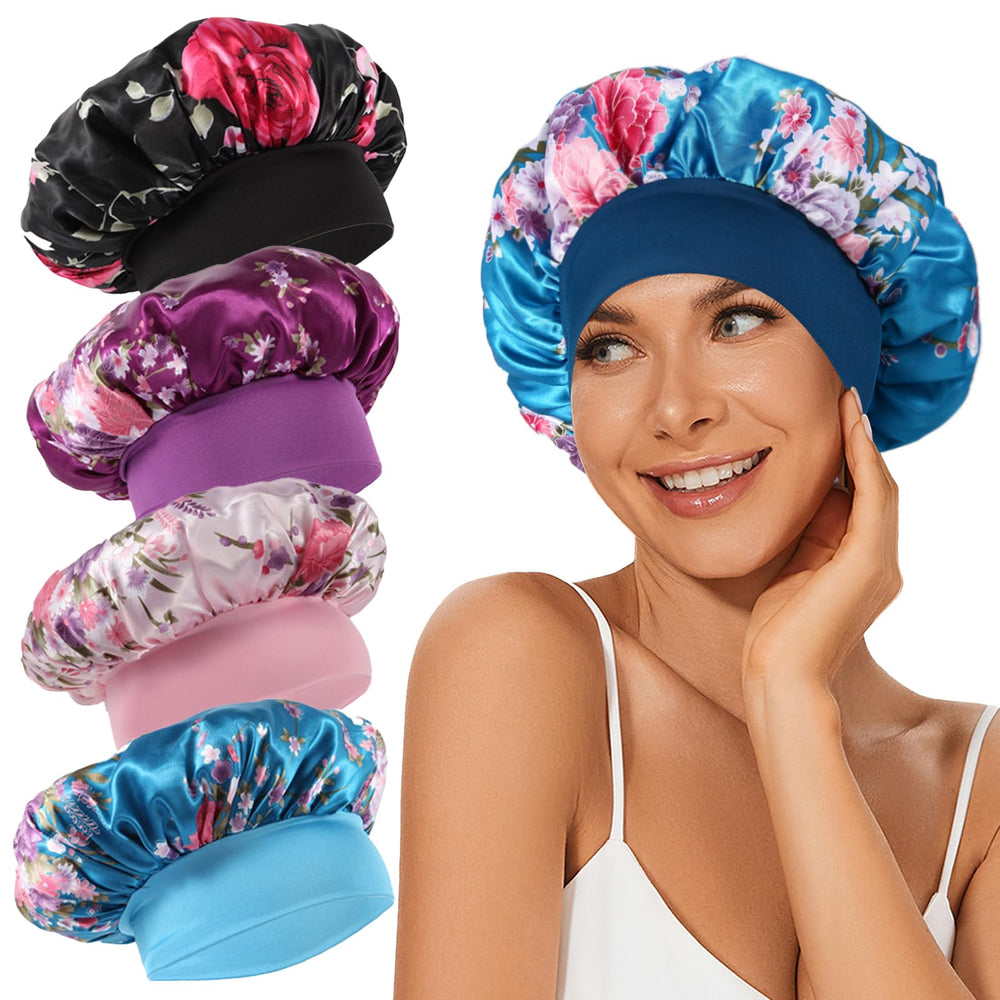 LEADUWAY front view of four satin bonnets, easy nightly protection