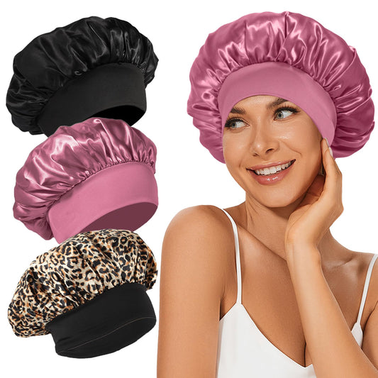 LEADUWAY front view of three satin bonnets shows protective coverage and color options