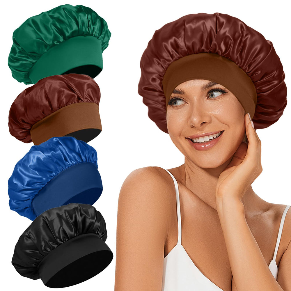 LEADUWAY front view of four satin bonnets showing colors and packaging benefit sleep protection