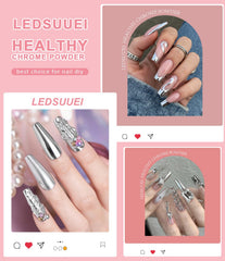 LEDSUUEI nail swatch set showing mirror gold chrome effect benefits