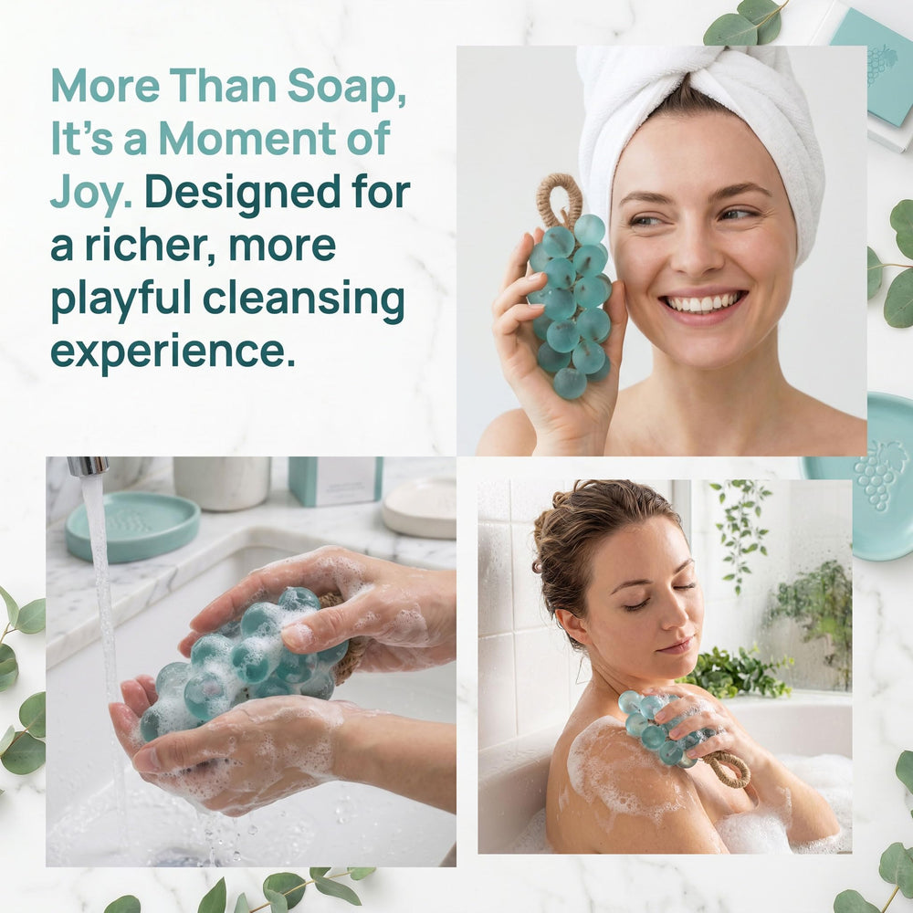 Lekgavd grape soap held in hand to show size and easy handling benefit