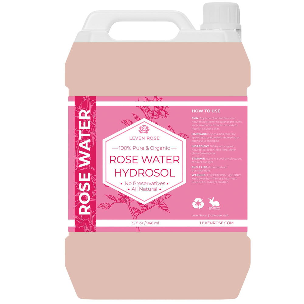 Leven Rose front bottle on vanity showing product and hydration benefit