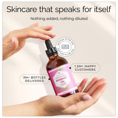 Leven Rose 1 fl oz bottle next to common items to show compact size