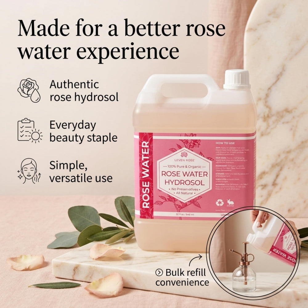 Leven Rose 32 oz bottle next to smaller spray bottle showing refill convenience