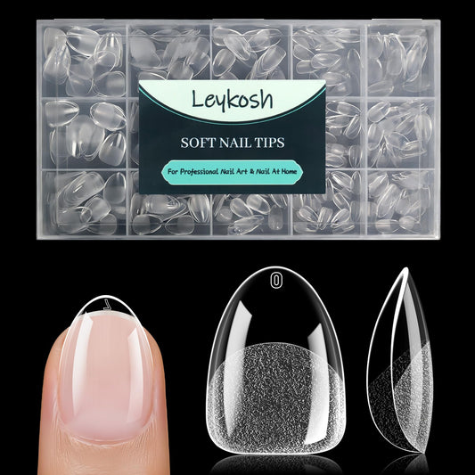 LEYKOSH front packaging showing 330 clear almond nail tips and labeled sizes for easy selection